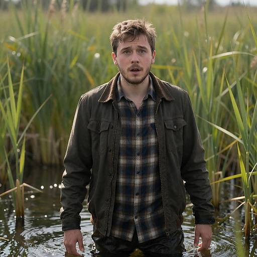 Surprised Man in Sunlit Marsh
