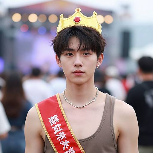 Photograph of an Asian male model with short black hair, wearing a gold crown, brown tank top, red sash, necklace, and silver earrings