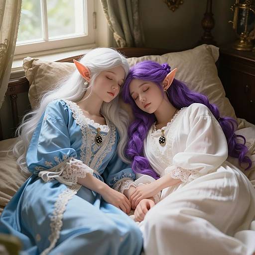 Photograph of two female elves with pointed ears, one with white hair in a blue dress, the other with purple hair in white, sleeping peacefully on