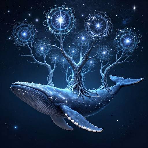 Digital artwork of a glowing blue whale with ethereal, star-filled trees emerging from its back against a dark, starry sky.