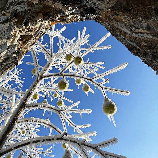 Frosted Tree Branches with Icicle Fruit Under Blue Sky