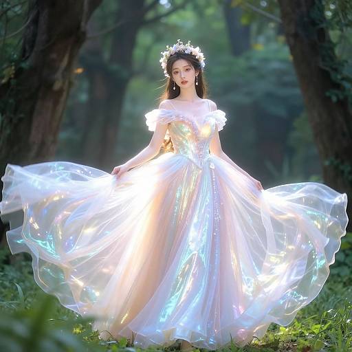 Photograph of a fair-skinned woman with long black hair, wearing a glowing, iridescent white dress and floral crown, standing in a forest