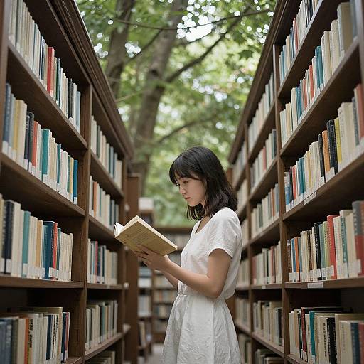Photograph of a young Asian woman with black hair, wearing a white dress, reading a book in a library aisle. Shelves on both sides filled