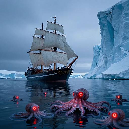 Photograph of a dark wooden ship with white sails in icy waters, surrounded by glowing red-eyed octopuses and towering icebergs.