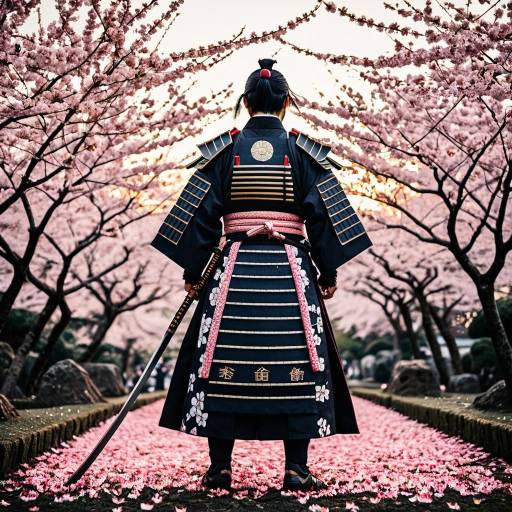 Stoic Samurai in Cherry Blossom Garden at Sunrise