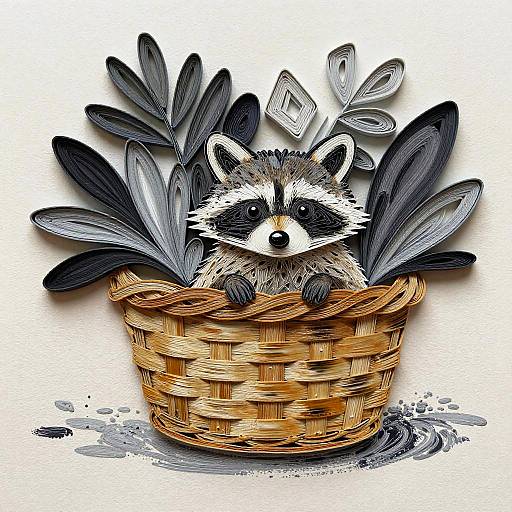 Colorful digital drawing of a cute raccoon peeking out of a woven basket, surrounded by dark feathers and ice cubes.