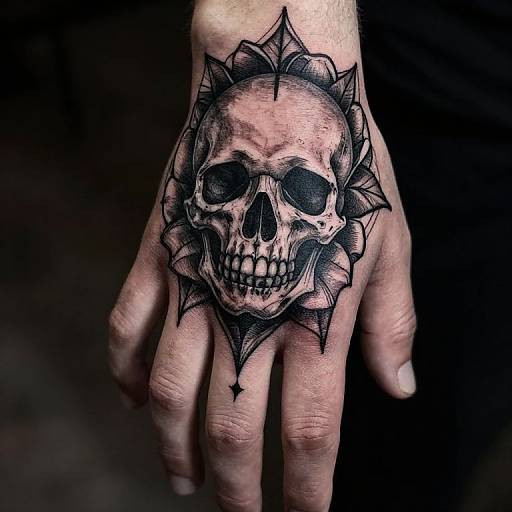 Gothic Black Skull and Rose Hand Tattoo