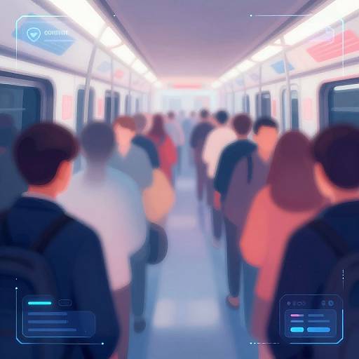 Photograph of a crowded subway car with blurred passengers, bright overhead lights, digital interface elements, and a 