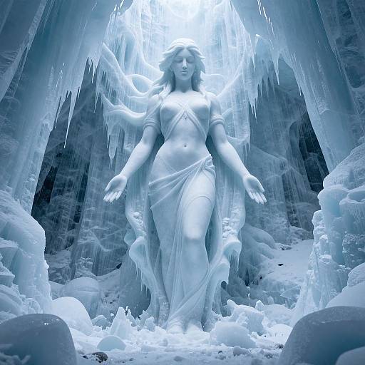Photorealistic digital artwork: Ice-encased, ethereal, blue-lit statue of a serene, winged woman in flowing drapery