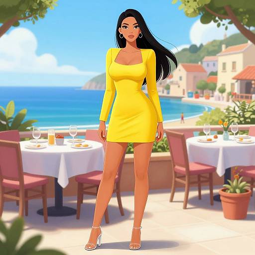 Digital anime-style drawing of a tall, curvy woman with long black hair in a yellow dress, standing confidently in a sunny seaside restaurant.