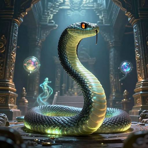 Luminescent Mythical Snake in Ancient Temple