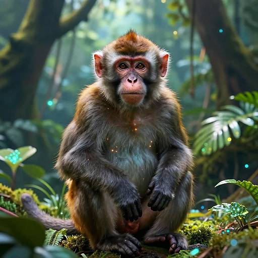 Photorealistic digital art of a young monkey with fluffy brown and gray fur, sitting on mossy forest floor, surrounded by glowing bioluminescent