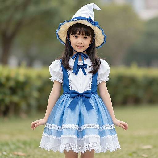 Photograph of an Asian girl in a blue and white witch costume with a pointed hat, standing in a green park.