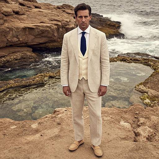 Photograph of a handsome man in a cream suit, white shirt, blue tie, and beige shoes standing on rocky coastal terrain by the ocean.