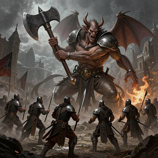 Digital fantasy artwork: Muscular, demonic warrior with horns and bat wings, wielding a massive axe, confronts armored knights in a fiery, stormy