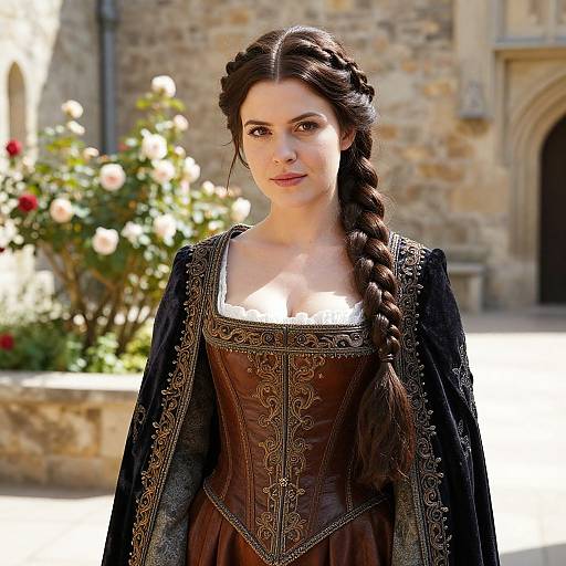 Photograph of a young woman with long, braided brown hair, wearing an ornate brown Renaissance-style dress with black lace sleeves, standing in front