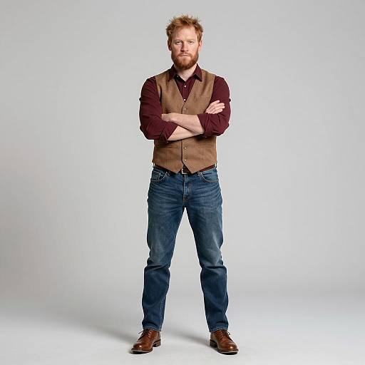 Man in Casual Outfit with Brown Vest and Jeans