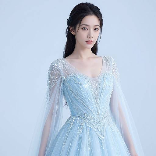Ethereal Woman in Ice-Blue Gown