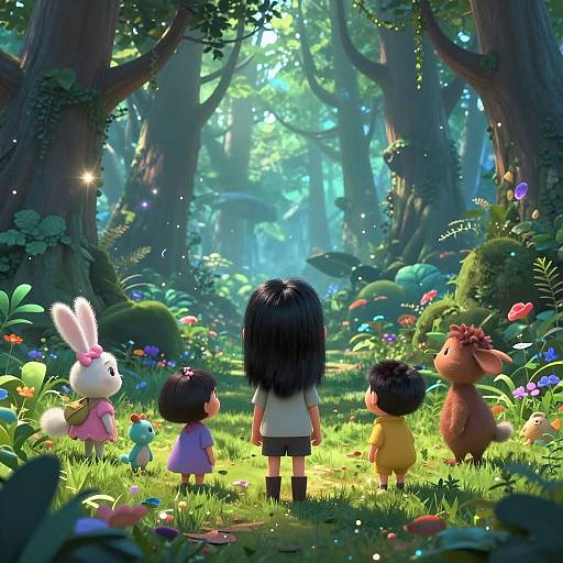 Digital illustration of four children with animal-like features, exploring a vibrant, sunlit forest with tall trees, colorful flowers, and lush greenery.