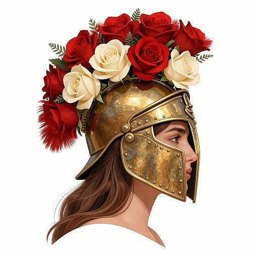 Digital artwork of a Roman soldier with long brown hair, wearing a bronze helmet adorned with red and white roses, profile view. White background.