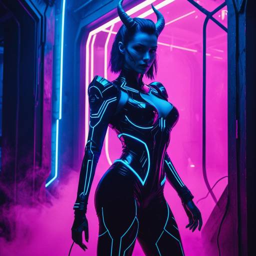 Female Demon in Cyberpunk Neon Suit