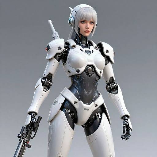 CGI image of a silver-haired, white-skinned, cybernetic female warrior in white and black armor, holding a gun, against a gray