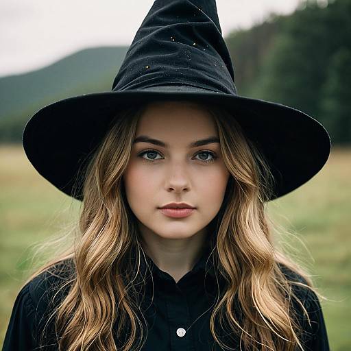 Young Woman in Witch Costume with Black Hat