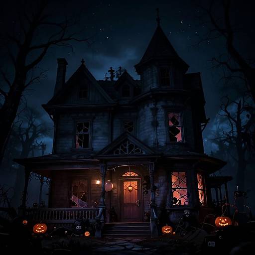 Spooky, dark blue-lit Victorian house with jack-o'-lanterns, glowing orange windows, and eerie sky; bare trees surround, creating