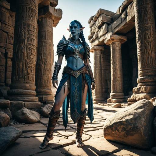 Blue-Skinned Elf Warrior in Ancient Desert Temple