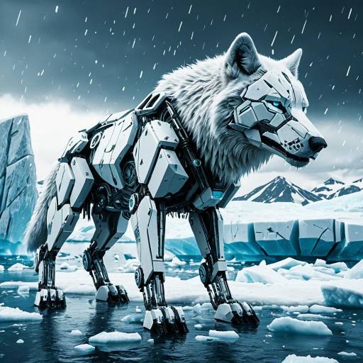 Cybernetic Mechanical Wolf in Arctic Iceberg Landscape Cybernetic Mechanical Wolf in Arctic Iceberg Landscape
