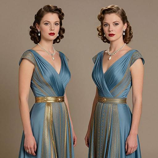 Photograph of a fair-skinned woman with vintage-style brown curls, wearing a blue, gold-embellished V-neck dress, gold belt,