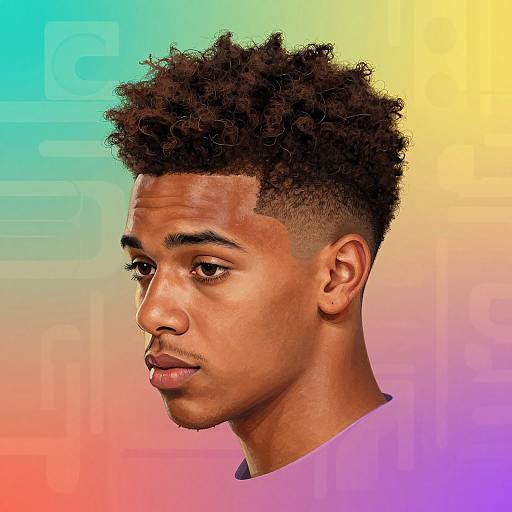 Digital portrait of a young Black man with curly hair, short sides, neutral expression, and rainbow gradient background.