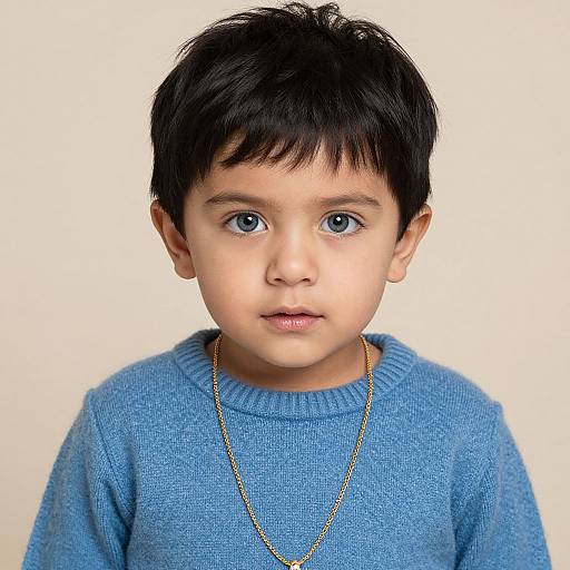Photograph of a young boy with dark hair, blue eyes, wearing a blue sweater and gold necklace, against a plain white background.