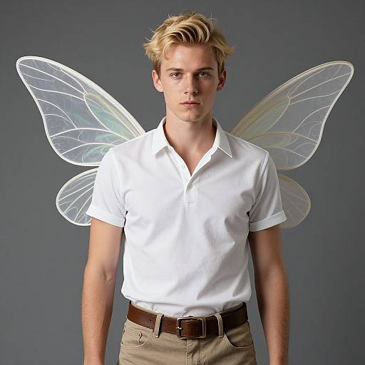 Photograph of a blond, blue-eyed young man with fair skin, wearing a white polo shirt and beige pants, adorned with translucent fairy wings, standing
