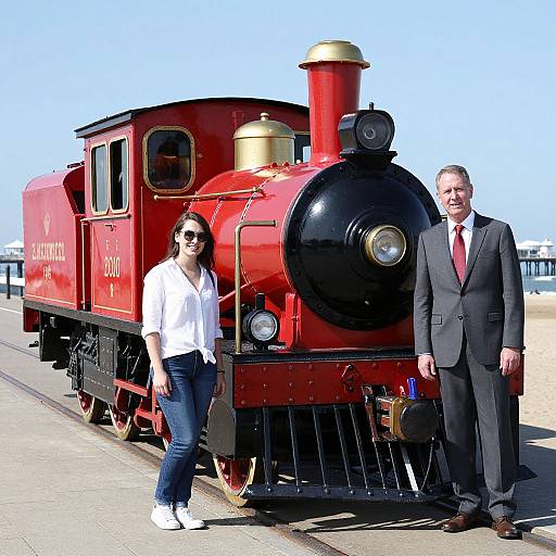 Photograph of a smiling woman in a white blouse and jeans, and a suited man standing beside a bright red vintage steam locomotive on a sunny,