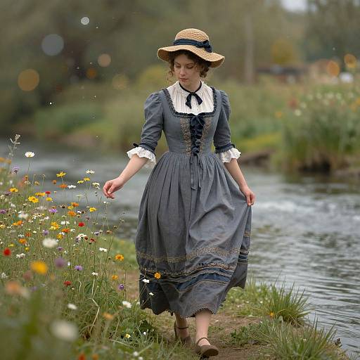 Photograph of a young woman in a Victorian-style blue dress with white lace, straw hat, walking along a flower-filled riverside.