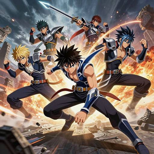 Dynamic anime illustration of six spiky-haired warriors in action poses, wielding swords, amidst fiery explosions and a cityscape background. Vibrant colors and intense