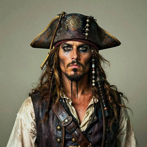 Photograph of a rugged pirate with long brown hair, blue eyes, and a weathered face, wearing a worn leather tricorn hat, white shirt