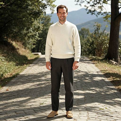 Photograph of a smiling man in a white sweater, black pants, and tan shoes standing on a sunlit, tree-lined cobblestone path with