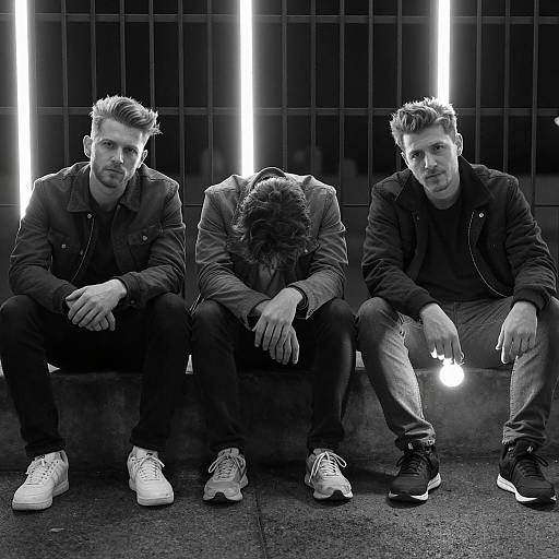 Three Men Sitting with Neon Lights in Black and White