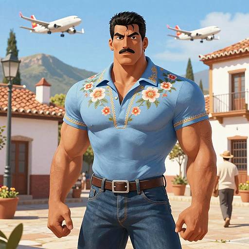 Muscular Man in Floral Shirt in Spanish Courtyard