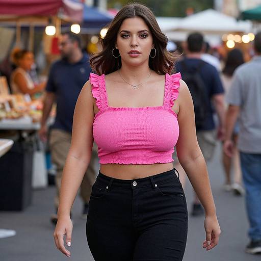 Photograph of a confident brunette woman with wavy hair, wearing a pink ruffled crop top and black pants, walking through a bustling outdoor market with