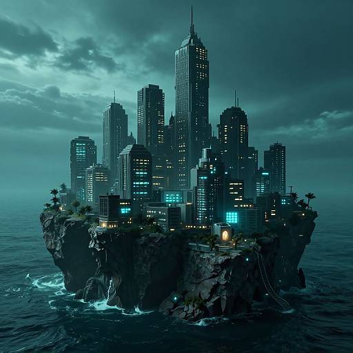 Digital artwork of a futuristic, neon-lit cityscape on a rocky island surrounded by dark, turbulent ocean under a cloudy, blue-hued sky.