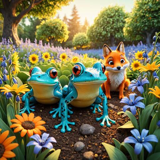 Pixar-style Frogs and Fox in Flower Garden