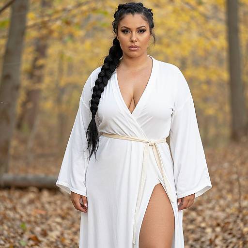 Photograph of a curvy woman with long black hair in a braid, wearing a white, low-cut, long-sleeve robe with a