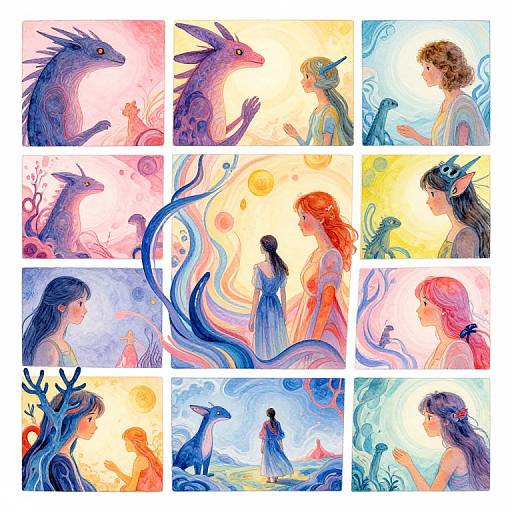 Digital watercolor illustrations of fantasy interactions: humans and mythical creatures with vibrant colors, dynamic poses, and ethereal backgrounds.