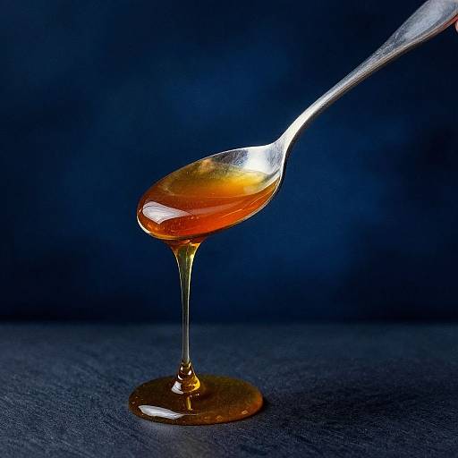 Photograph of a silver spoon with golden honey, dripping, against a dark blue background, creating a glossy, reflective effect.