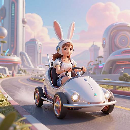 Digital CGI image of a cute, brown-haired girl in bunny ears and headphones driving a white, futuristic, rabbit-shaped car on a sunny, futuristic city
