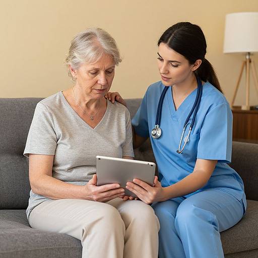 Photograph of an elderly woman with gray hair and white pants, sitting on a gray couch, holding a tablet with a young female nurse in blue scr