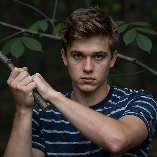 Focused Young Man in Dark Forest